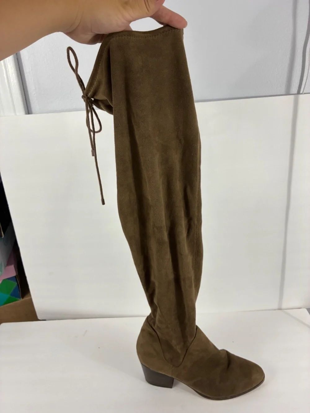 Aldo Over the Knee Boots 6 Faux Suede Sock Stretch Taupe Brown Heeled Almond Toe